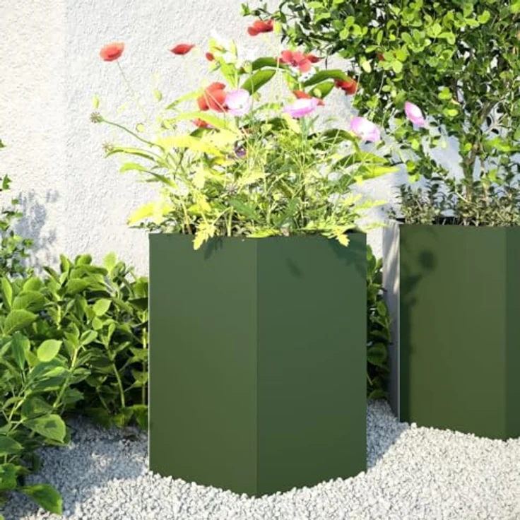 vidaXL Pflanzkübel 2 STK. Olivgrün Sechseckig 46x40x45 Stahl, robust und witterungsbeständig – Bild 2
