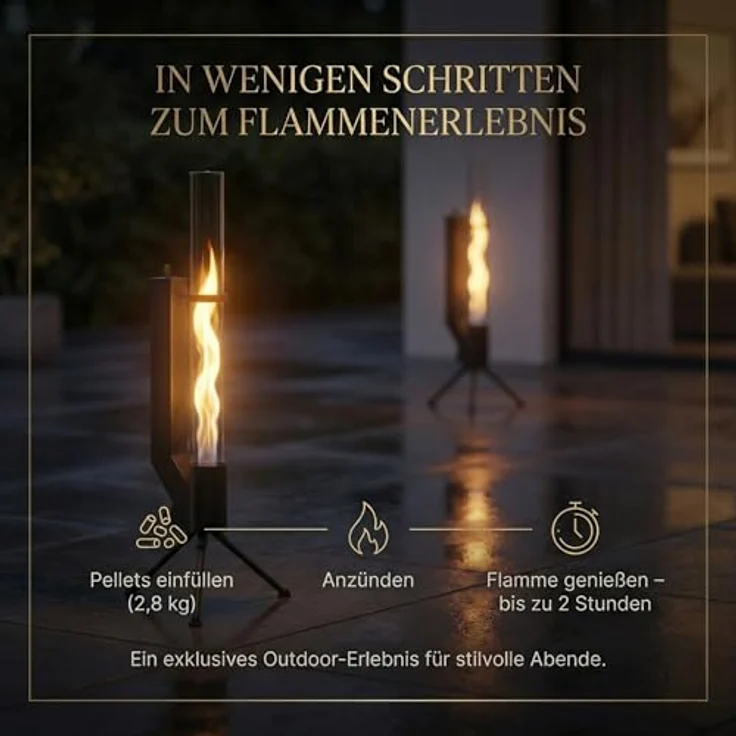 Albatros International Gartenkamin Pelletfackel Schwarz mit Glasrohr, Rocket Stove Outdoor, inkl. Standfuß, lange Brenndauer bis 120 Minuten – Bild 6