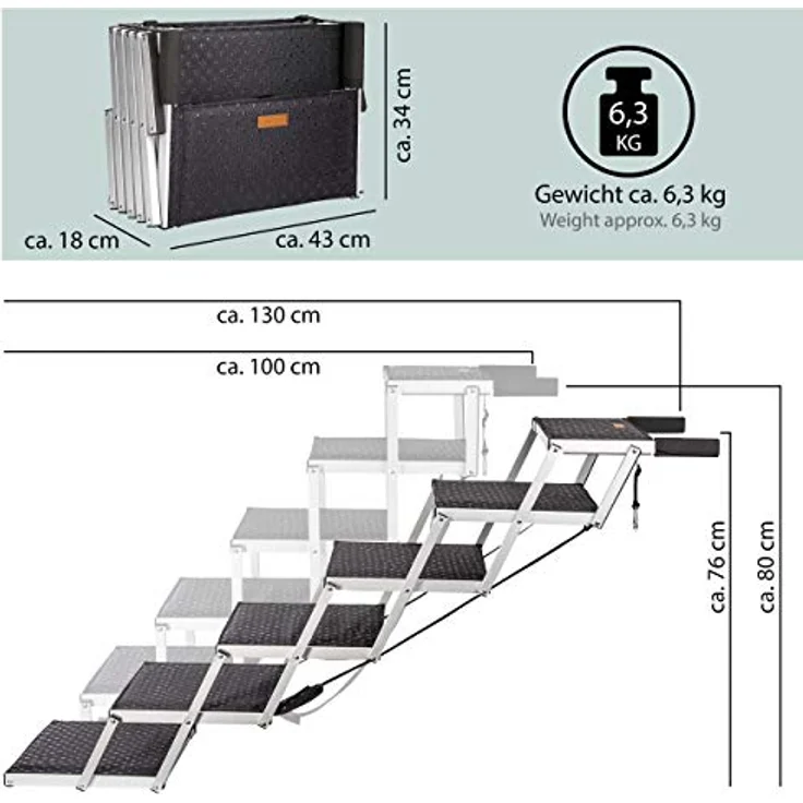 ONVAYA® Hundetreppe faltbar | Hunderampe Einstieghilfe für Autos oder hohe Betten | klappbare Haustiertreppe | stabile Hundeleiter | praktisch & leicht | für bis zu 60 kg (6 Stufen) – Bild 2
