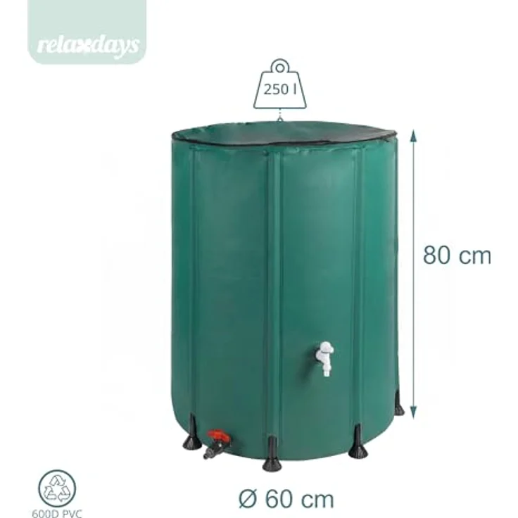 relaxdays Faltbare Regentonne 250l, grün, robuster Wasserspeicher mit Reißverschlussdeckel und zwei Anschlussmöglichkeiten – Bild 5