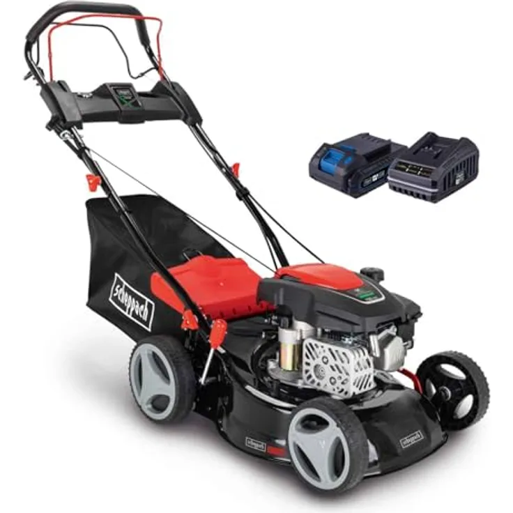 Scheppach MS150-42E SE Benzin Rasenmäher, 3,7 PS mit E-Start, 42cm Schnittbreite, Radantrieb, inkl. 2Ah Akku + 2,4A Ladegerät