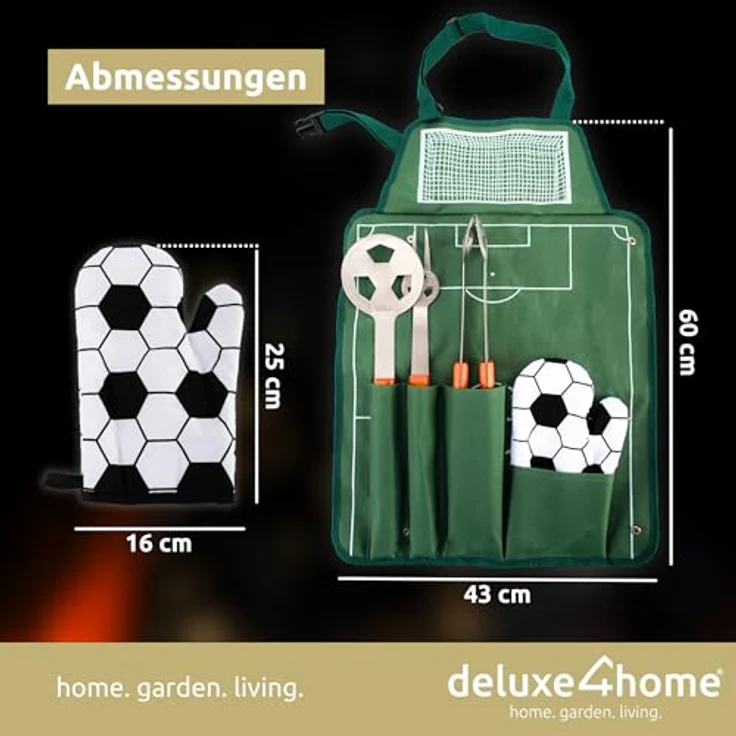 deluxe4home® Grillbesteckset im Fußball-Look, inkl. Grillzange, Grillwender, Grillgabel, Grillhandschuh und Grillschürze aus robustem 600D Polyester – Bild 5