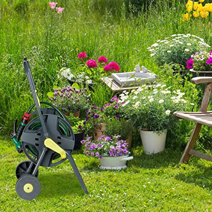 Relaxdays Schlauchwagen 45m, fahrbare Schlauchtrommel für Garten & Balkon, mit Schlauchführung, 76,5x44x41 cm, grau-gelb – Bild 3