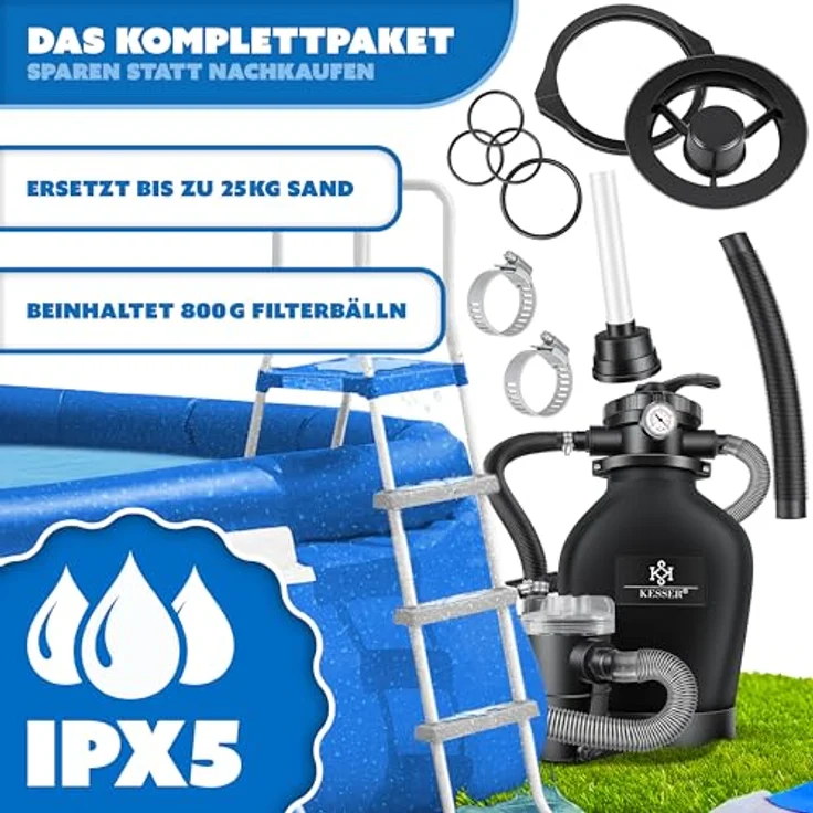 KESSER Sandfilteranlage Sandfilter + 700g Filterbälle ersetzen 25kg Filtersand 7-Wege Ventil mit Druckanzeige Poolfilter 10 m³-h Filteranlage Filterkessel für Pool Schwimmbecken 10.200 L-h Schwarz – Bild 5