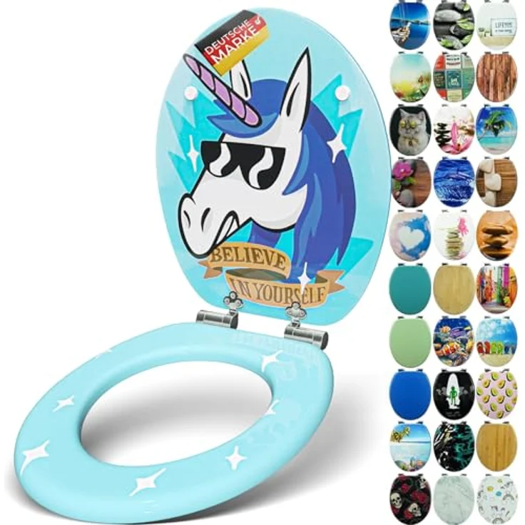 Sanfino WC Sitz Funky Unicorn, Toilettendeckel aus Holz mit Absenkautomatik, hellblau mit buntem Einhornmotiv, Maße 43,5 x 37,5 cm – Bild 1