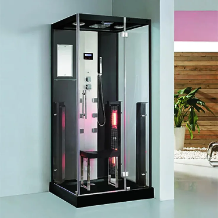 PureHaven 2in1 Dampfdusche und Infrarotsauna Schwarz mit Tropenbrause, Sitzfläche, Radio und Massagefunktion