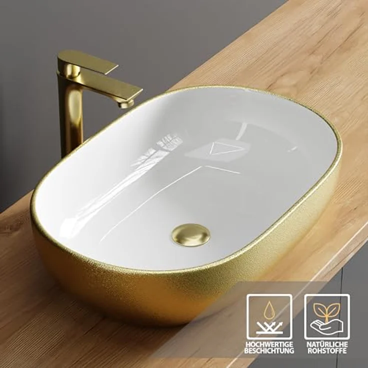 Planetmöbel Aufsatzwaschbecken Aquil Deluxe, ovales Keramikwaschbecken, 60 cm, gold, für Waschtisch ohne Hahnloch und Überlauf – Bild 4