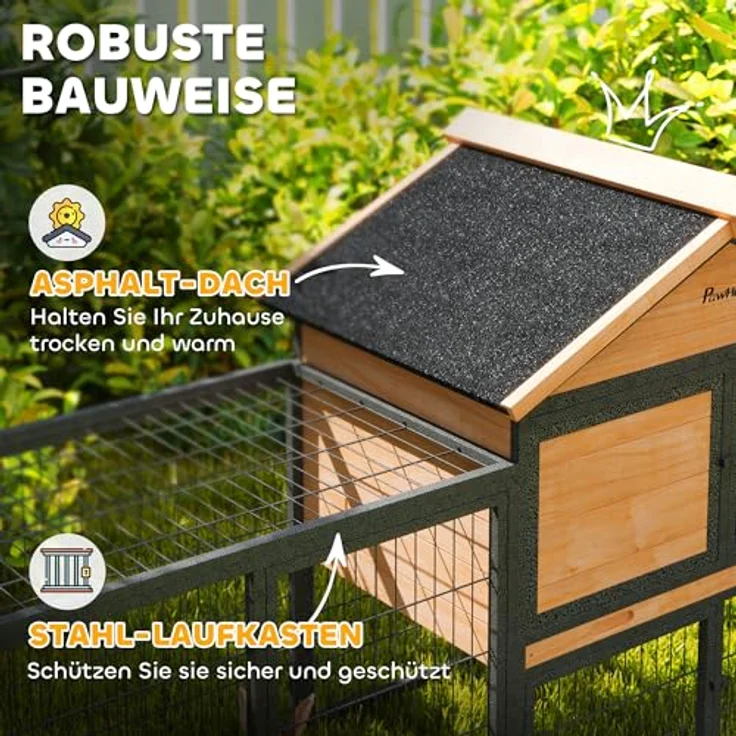 PawHut Hasenstall 2 Ebenen mit Satteldach, Winterfestes Doppelstockhaus aus Vollholz mit Freilaufgehege, 217x53x86 cm, Gelb – Bild 4