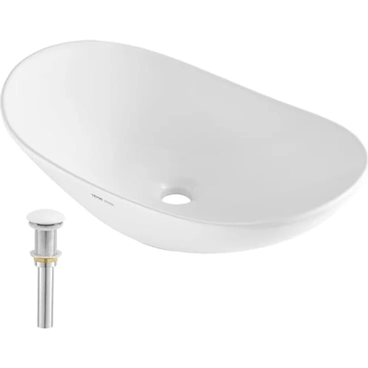 VEVOR Ovales Aufsatzwaschbecken, 592 x 361 x 158 mm, modernes Keramikwaschbecken in hellem Weiß mit effizientem Abfluss und tiefem Spritzschutz für Badezimmer, Hotels und Restaurants – Bild 1