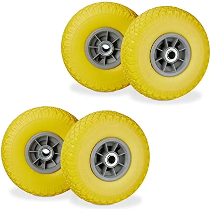 4 x Sackkarrenrad, pannensichere Vollgummireifen, 3.00-4 Zoll, 20mm Achse, bis 80 kg, 260 x 85 mm, Ersatzrad, gelb-grau