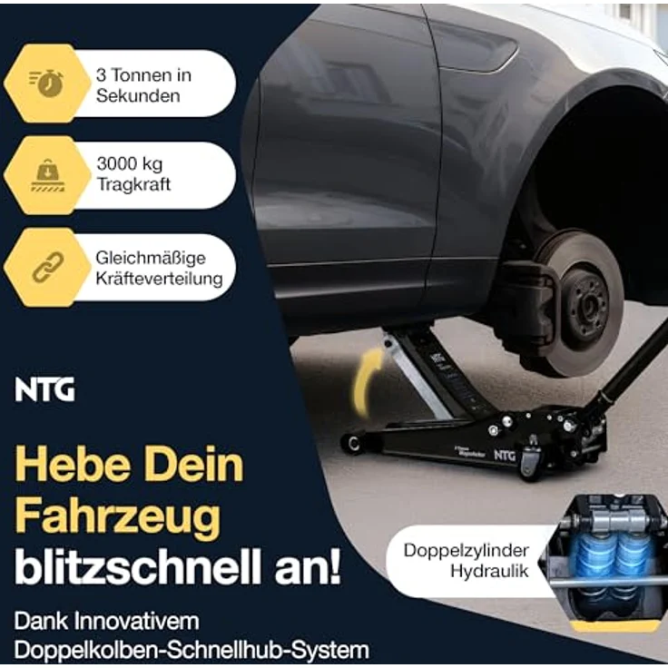 NTG Hydraulischer Wagenheber, Rangierwagenheber 3t mit Doppelkolben-Schnellhub, Hubbereich 85-485mm, inkl. 2 Gummipads und magnetischer Ablagefläche – Bild 2