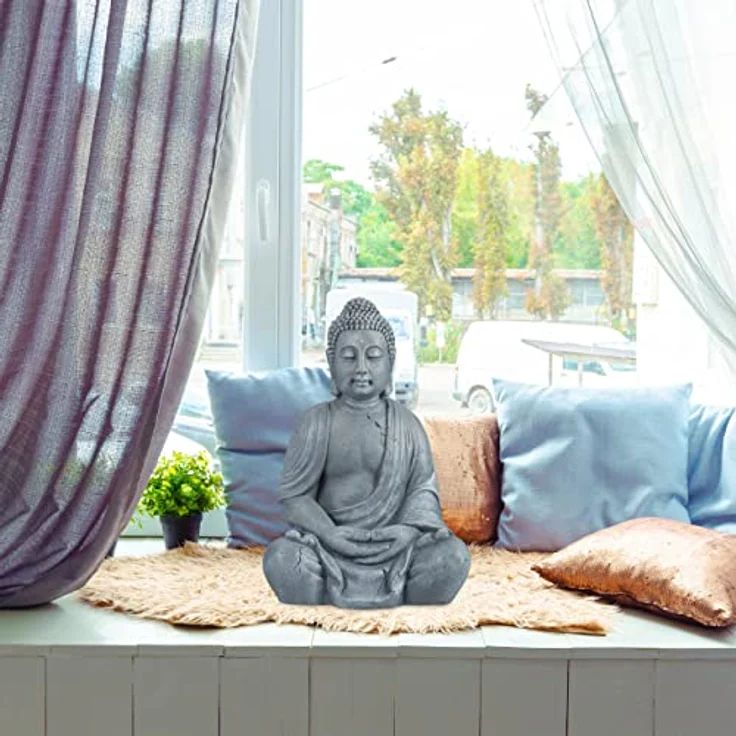 Buddha Figur sitzend, XL 70 cm, Gartenfigur, Dekofigur Wohnzimmer, wetterfest & frostsicher, hellgrau – Bild 2