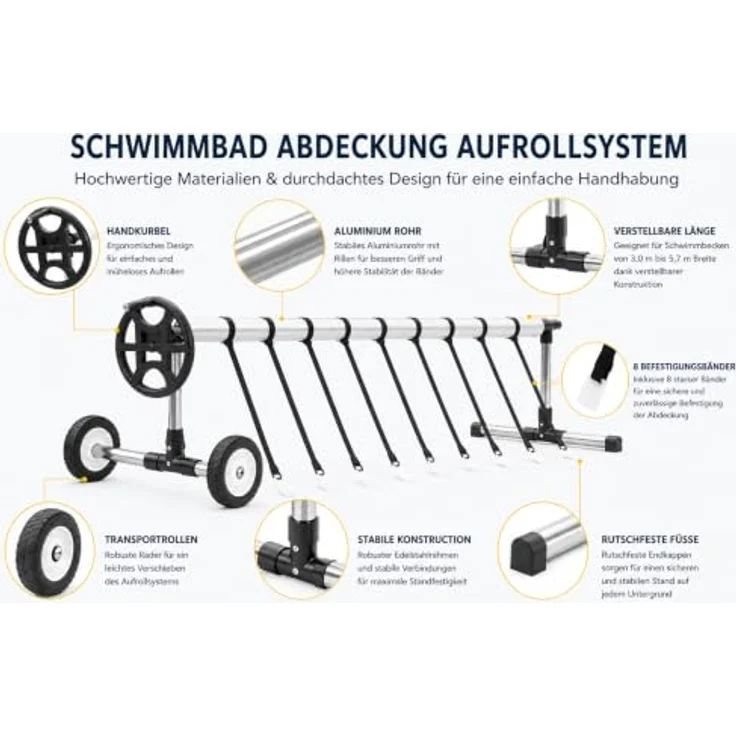 COIL Pool-Abdeckplane, Fahrbares Aufrollsystem für Solarfolie, Edelstahl-Basis & Aluminiumrohr mit 8 Befestigungsbändern – Bild 3