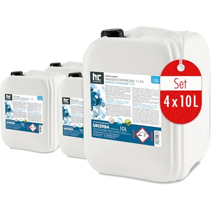 Höfer Chemie Wasserstoffperoxid 11,9%, 4 x 10 L - Technische Oxidationslösung mit 1% Phosphorsäure, vielseitig einsetzbar zum Bleichen und Reinigen