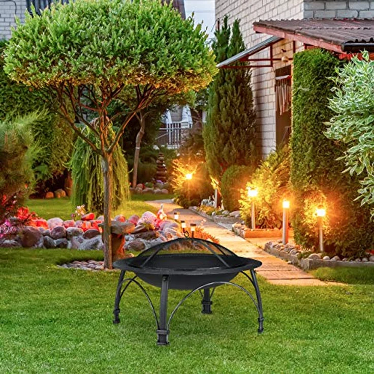 Relaxdays Feuerschale mit Funkenschutz Schürhaken, Garten Terrasse, HxD: 59 x 89 cm, Outdoor Feuerstelle, schwarz – Bild 3