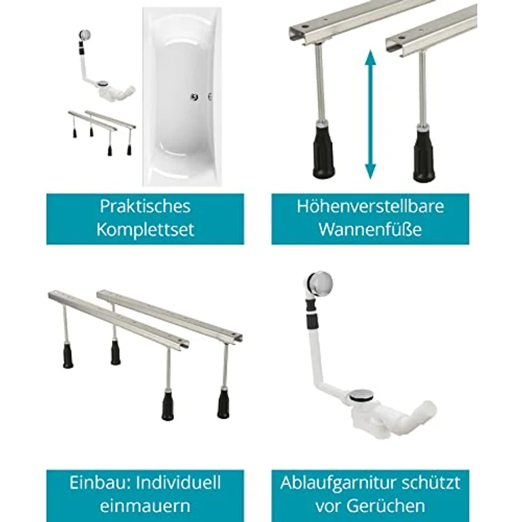 Calmwaters® Rechteck Badewannen-Set 180x80 cm mit Wannenfüßen & Ablaufgarnitur, Modern Curved, Duowanne für zwei, Weiß – Bild 4