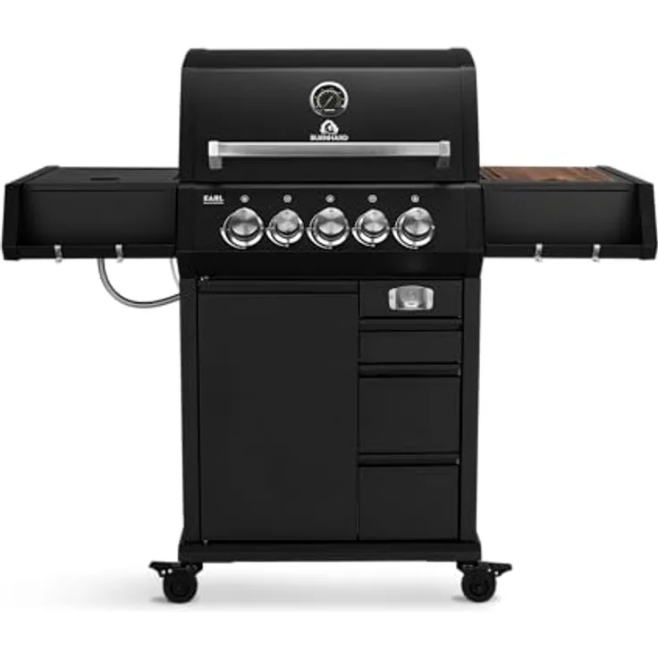 BURNHARD EARL Black 3-Brenner Gasgrill Edelstahl inkl. Heckbrenner, mit Gusseisen Grillrost & inkl. stabiler Abdeckhaube, Seitenkochfeld mit Infrarot Keramikbrenner