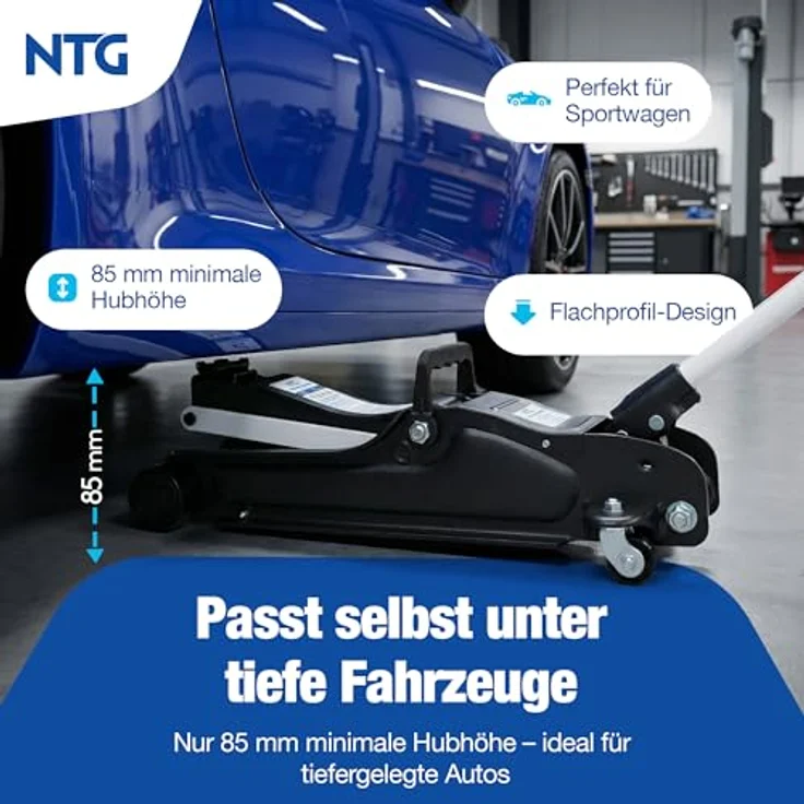 NTG Hydraulischer Wagenheber WGH.2513, 2,5T Traglast, Hubhöhe 85-375mm, TÜV-zertifiziert, flach für tiefe PKW – Bild 3