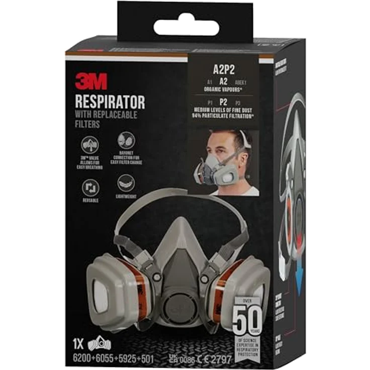 3M Mehrweg-Halbmaske 6002C - Halbmaske mit Wechselfiltern gegen organische Gase, Dämpfe und Partikel - Für Farbspritz- und Maschinenschleifarbeiten – Bild 9