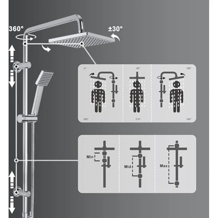 JOHO Edelstahl Regendusche Set, Duschsystem ohne Armatur, 20x20cm Kopfbrause, wassersparend, verchromte Duschstange, flexible Wandhalterungen – Bild 3
