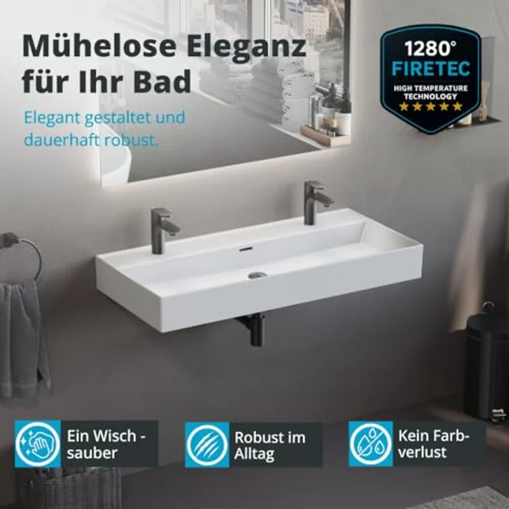 Aqua Bagno Loft Air 100 Doppelwaschbecken 100cm weiß eckig Wandmontage Aufsatzwaschtisch – Bild 6