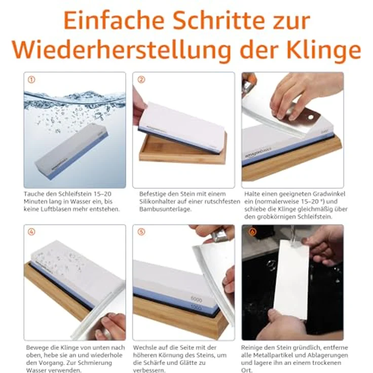 Amazon Basics Messerschärfstein, doppelseitig 1000/6000, rutschfeste Bambusunterseite, Schwarz, Blau und Weiß, 21,34 x 9,14 x 4,57 cm – Bild 4