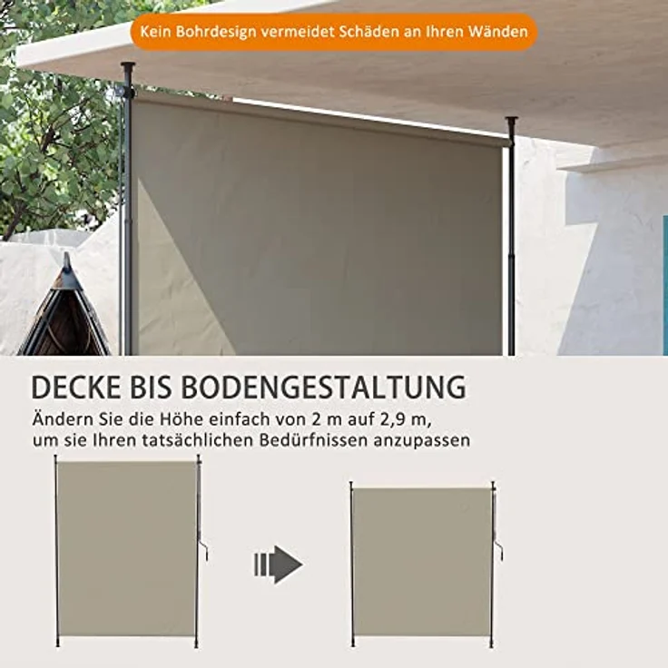 Outsunny Senkrechtmarkise, 200 x 215-305 cm Vertikalmarkise, Einziehbares Sonnenschutz, Verstellbare Seitenmarkise, Windschutz für Balkon, Terrasse, Garten, Alu, Sand – Bild 4