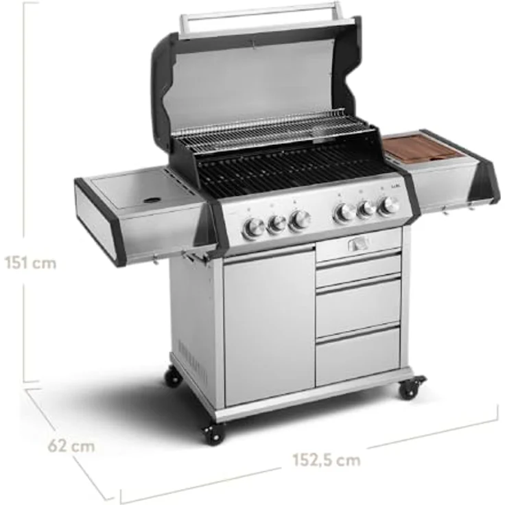 BURNHARD Big EARL 4-Brenner Gasgrill Edelstahl inkl. Heckbrenner, mit Gusseisen Grillrost & stabiler Abdeckhaube, Seitenkochfeld mit Infrarot Keramikbrenner, Silber – Bild 2