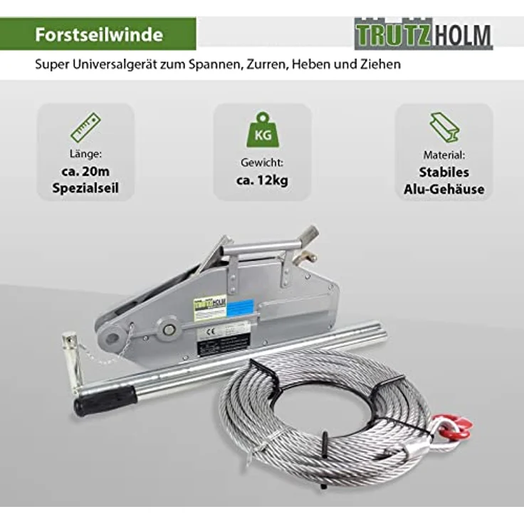 TRUTZHOLM Seilzug 1600kg Greifzug Forstseilwinde mit 20m Spezialseil, Aluminiumgehäuse und gummiertem Handgriff – Bild 2