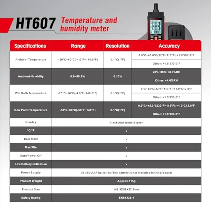 Habotest HT607, Multimeter für Temperatur- und Feuchtigkeitsmessung mit LCD-Display und Hintergrundbeleuchtung – Bild 8