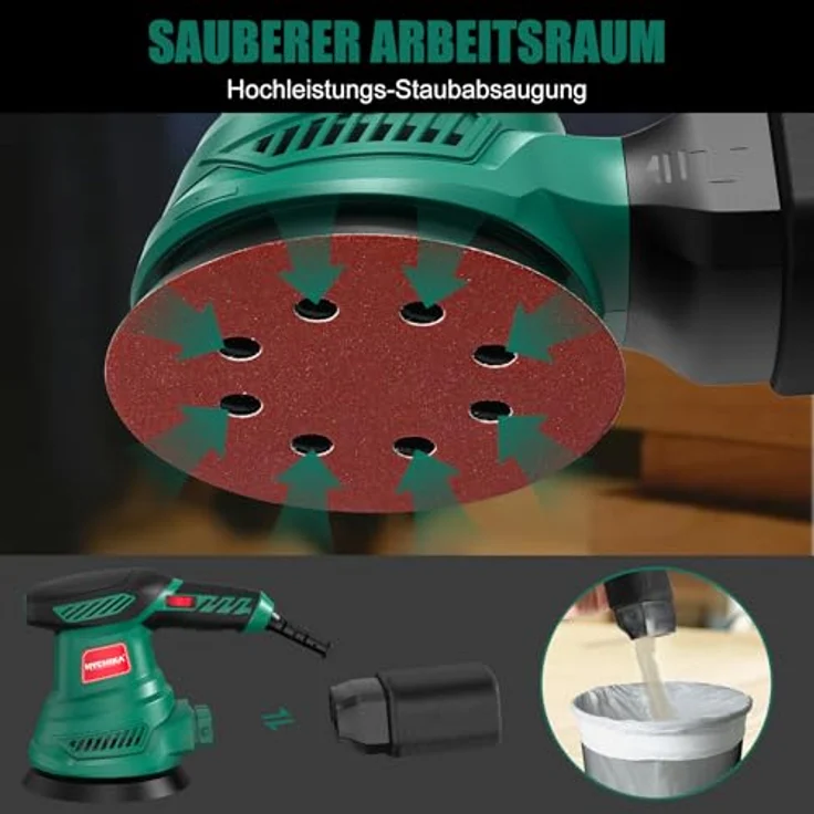 HYCHIKA Exzenterschleifer 300W, Schleifmaschine mit 6 Gängen, 6000-13000 U/min, 12 Schleifpapiere 125mm, Staubabsaugung und Staubfangbehälter – Bild 5