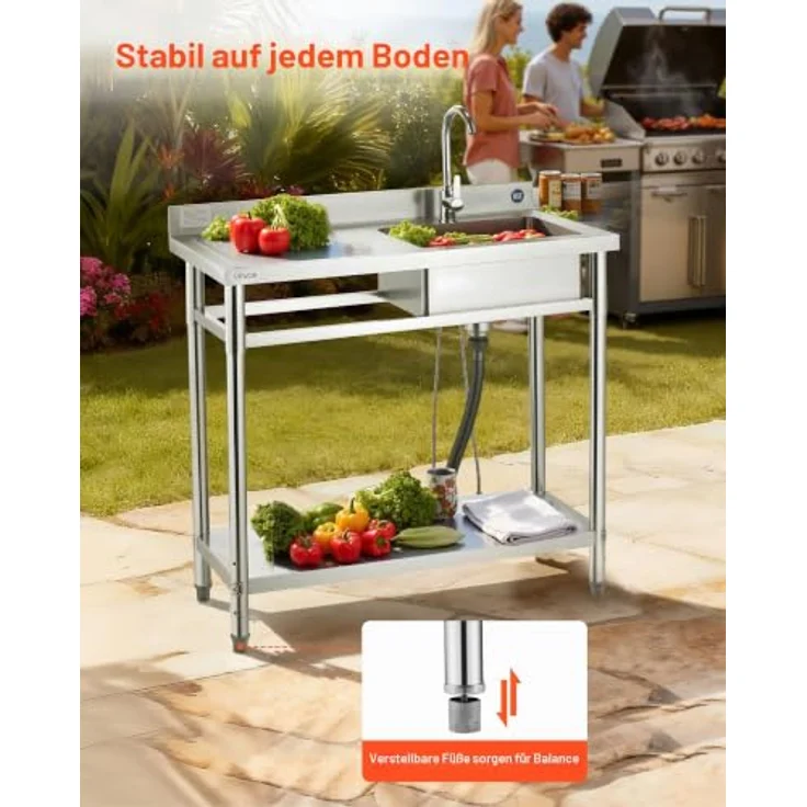 VEVOR Edelstahl Spültisch mit Einzelbecken (100 x 50 x 94 cm), 360° Wasserhahn, verstellbare Ablage, vielseitig einsetzbar für Küche, Garage, Restaurant und Wäscherei – Bild 6