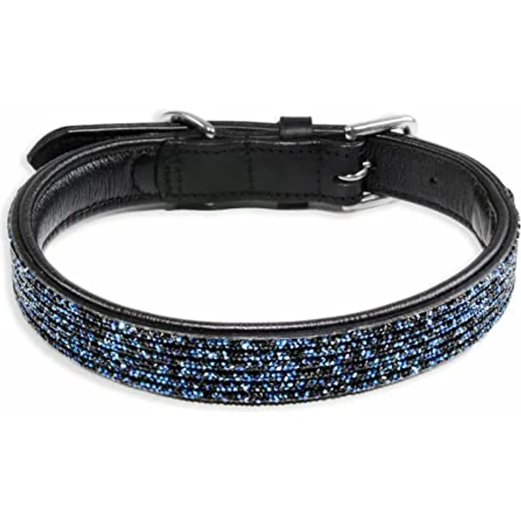 Monkimau Halsband Hund echt Leder Hunde Halsbänder schwarz mit blauen Pailletten Lederhalsband verstellbar Dog Collar Hundehalsband (XS-S: 20mm x 40cm)