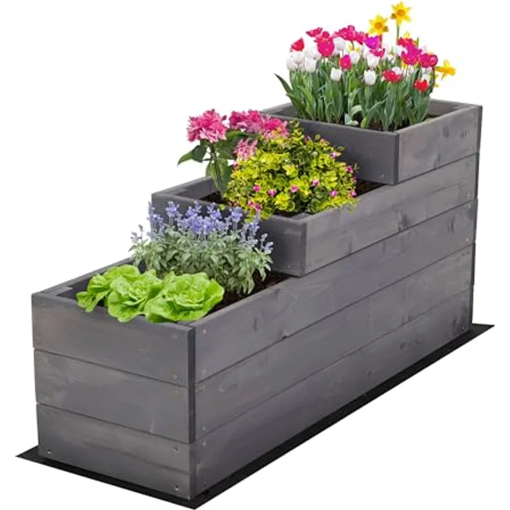 MODO24 Hochbeet Holz, 3-stufiger Pflanzkasten mit Gartenvlies, 45x30x93 cm, Farbe Grau