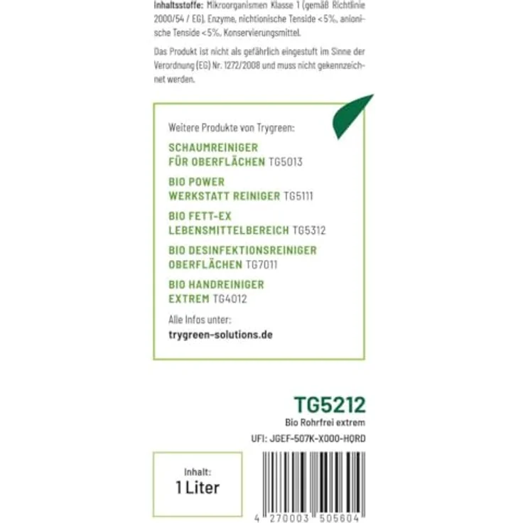 TRYGREEN Bio Rohrfrei Extrem - Abflussreiniger mit Enzymen - 99% biologisch abbaubar - Öko Rohrreiniger - Gegen Verstopfungen & Gerüche - 1 Liter – Bild 4