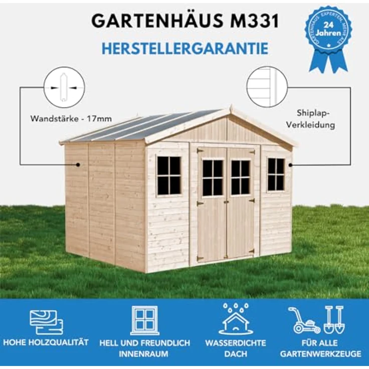 TIMBELA Holz Gartenschuppen - Abstellkammer mit Fenstern - H246 x 418 x 320 cm/ 12 m² Naturholz-Shiplap-Schuppen - Gartenwerkstatt - Fahrrad- Geräteschuppen M331 – Bild 3