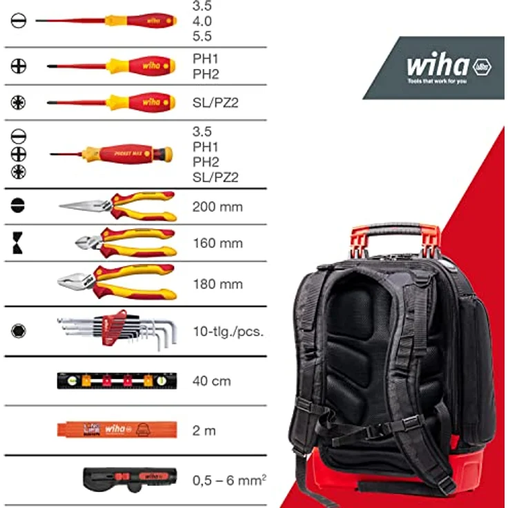 Wiha Elektriker Werkzeugrucksack 27-tlg. I mit Elektriker Grundausstattung I stabiler Standboden I mit Laptopfach I Taschen für Zubehör (45528) – Bild 3