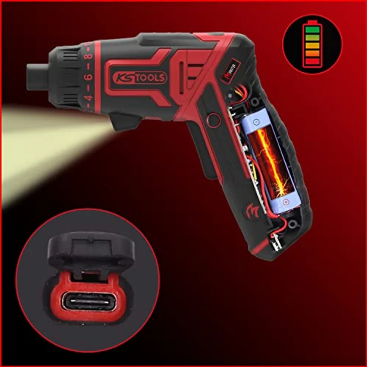 KS Tools eMONSTER 1/4“ Akku-Bit-Schrauber-Satz, 27-tlg., 3,6V mit ergonomischem Griff, USB-C aufladbar, Drehmomentvorwahl, LED-Arbeitslicht, in Kunststoffbox – Bild 22