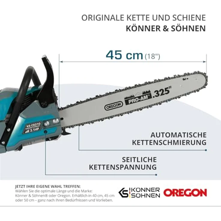Könner & Söhnen Benzin-Kettensäge KS CS31G-18-1, 2,3 kW, 54,5 cm³, Schwertlänge 45 cm, Easy-Start-System, Anti-Vibrations-Technologie – Bild 8