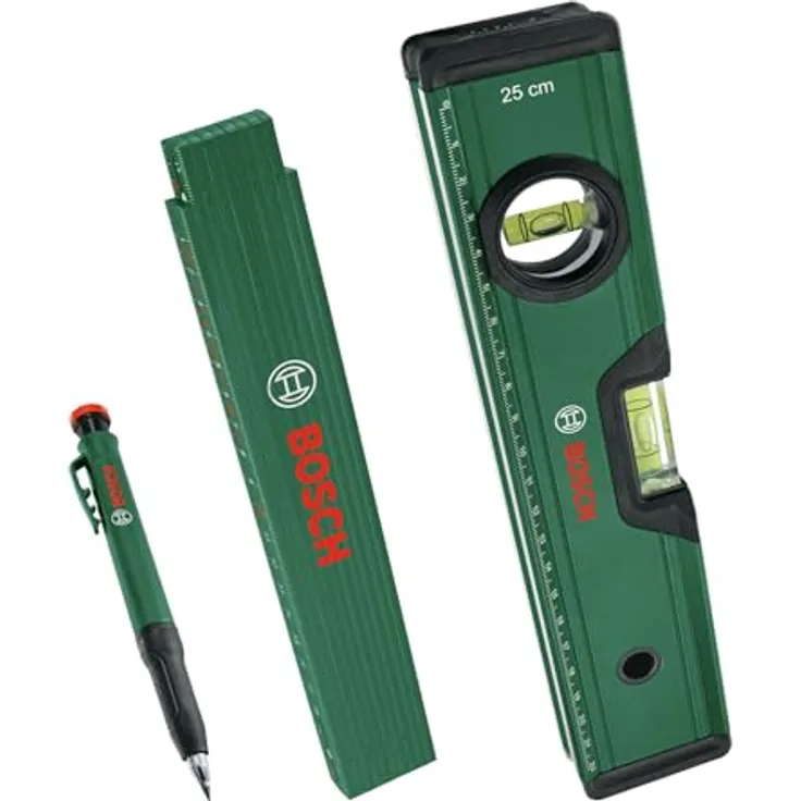 Bosch Markier-Set (präzises Ausrichten und Anzeichnen; mit Wasserwaage 25cm, Maßstab 2m und Tieflochmarker-Bleistift)