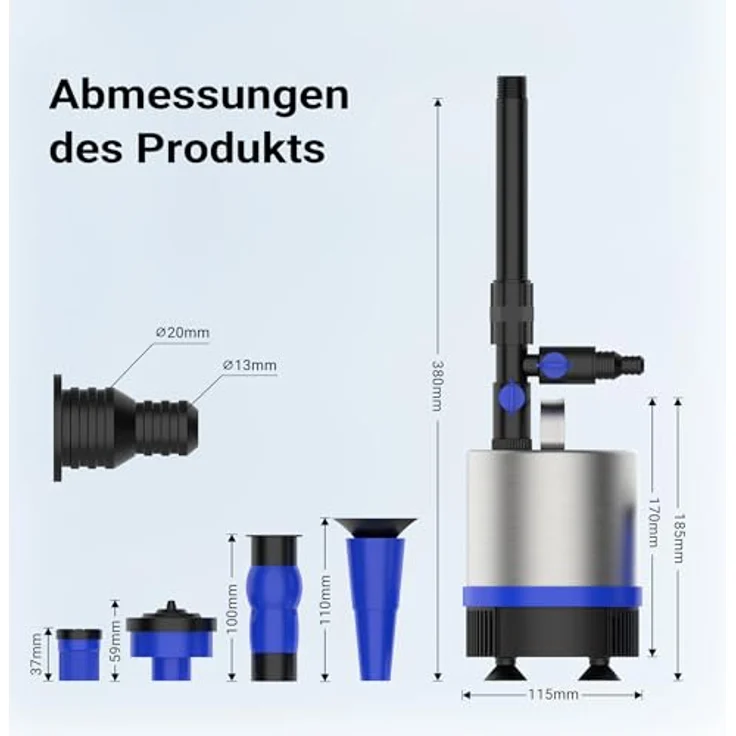 Wiltec Edelstahl Springbrunnenpumpe 50 W 1750 l/h, max. Fontänenhöhe 1,6 m, inkl. 3 Aufsätze, Aquariumpumpe in Edelstahl – Bild 4