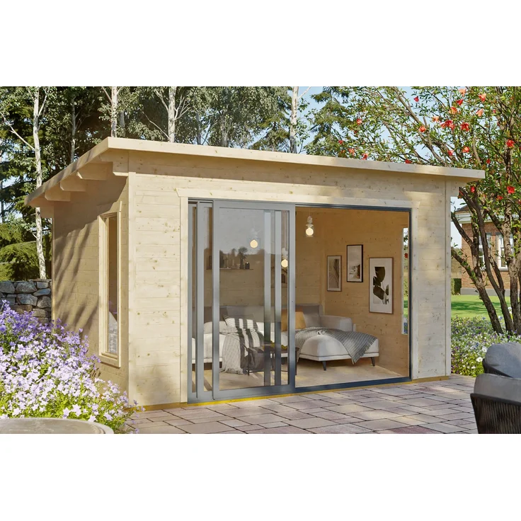 Skanholz Gartenhaus Tournai 2, 480x380 cm, aus nordischer Fichte, mit 3-teiliger Glas-Schiebetür und 28 mm Wandbohlen