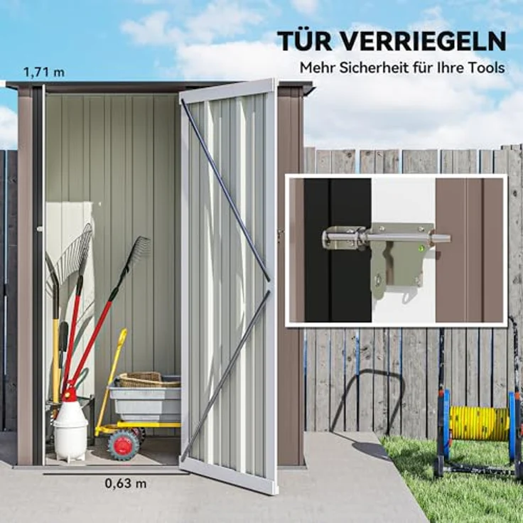 Outsunny Metall Gerätehaus 1,07 m² mit Pultdach, abschließbare Tür, wetterfest, braun, für Garten und Outdoor – Bild 4