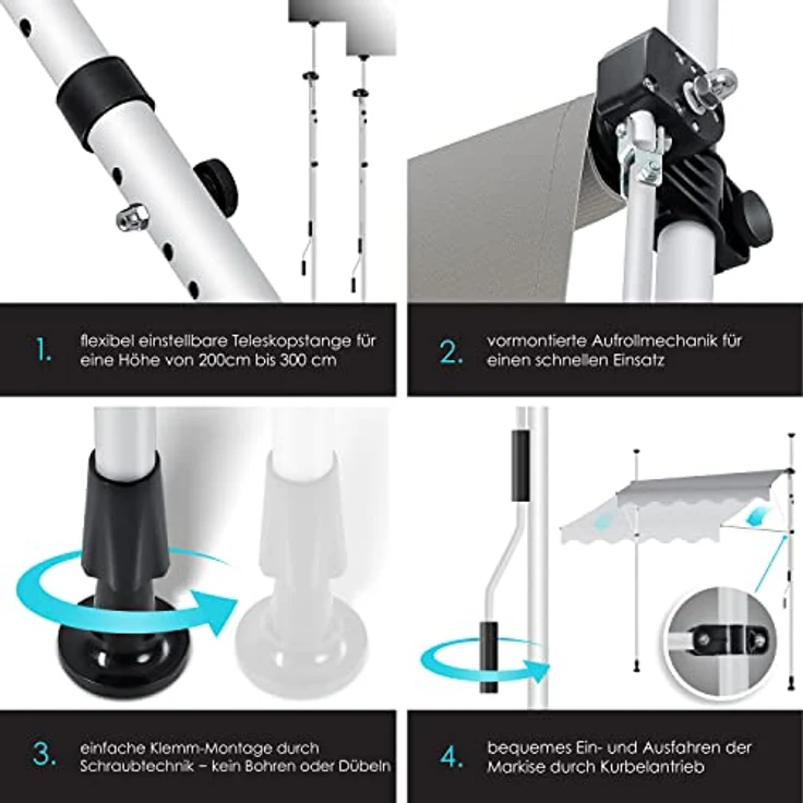 KESSER Klemmmarkise mit Handkurbel Balkon, Balkonmarkise ohne Bohren, UV-beständig höhenverstellbar wasserabweisend , Sonnenschutz, Terrassenüberdachung , einfache Montage Grau, 350cm – Bild 3