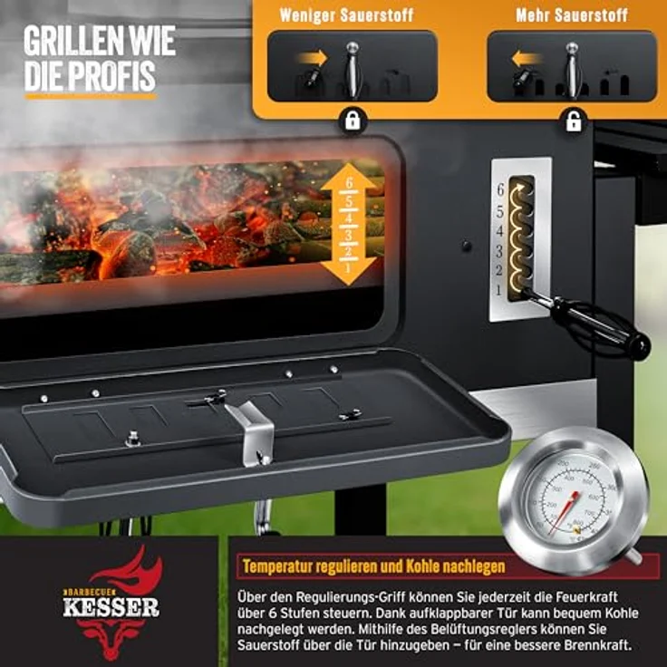 KESSER® Grill Grillwagen XXL Holzkohlegrill mit Deckel, Rädern, Edelstahl-Griff, Thermometer und großem Grillrost, Holzkohle BBQ Barbeque für Camping, Terrasse, Garten in Schwarz – Bild 5