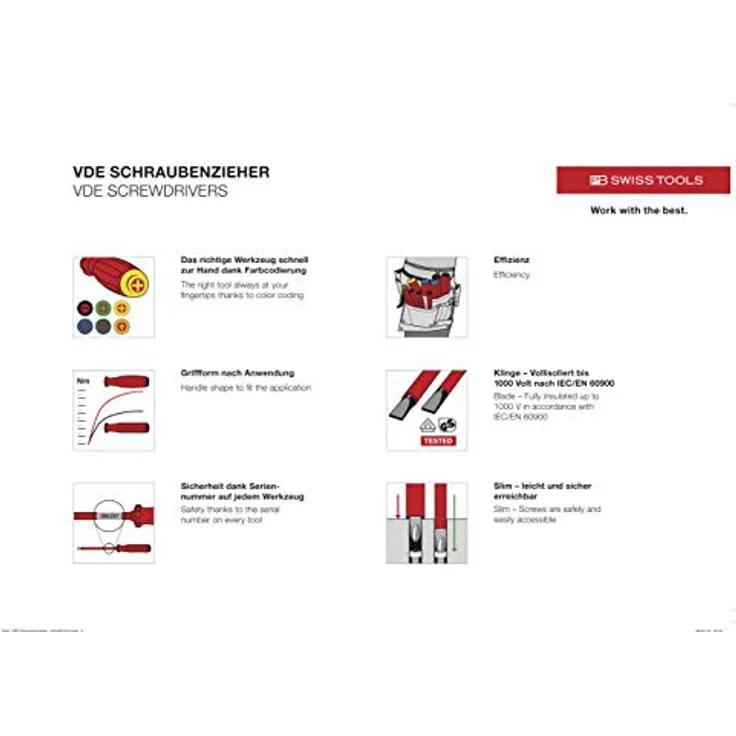 PB Swiss Tools PHILLIPS SCHLITZ Schraubendreher-Set Elektriker VDE PB 5542 Slim, 6-tlg. (PH1/PH2/2/3/4/5), Isoliert bis 1.000 Volt, 100% Swiss Made, Unbegrenzte Garantie, Rot – Bild 3