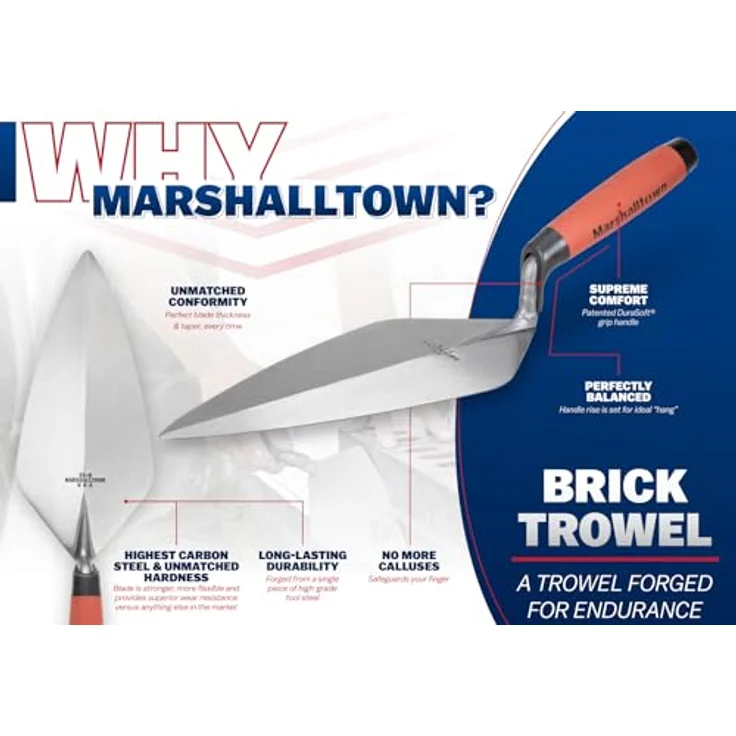 Marshalltown Maurerkelle, Putzkelle London Style mit ergonomischem Durasoft Griff, aus Carbonstahl, mit breiter Spitze und geradem Hals, Maße der Kelle: 305x130 mm – Bild 7