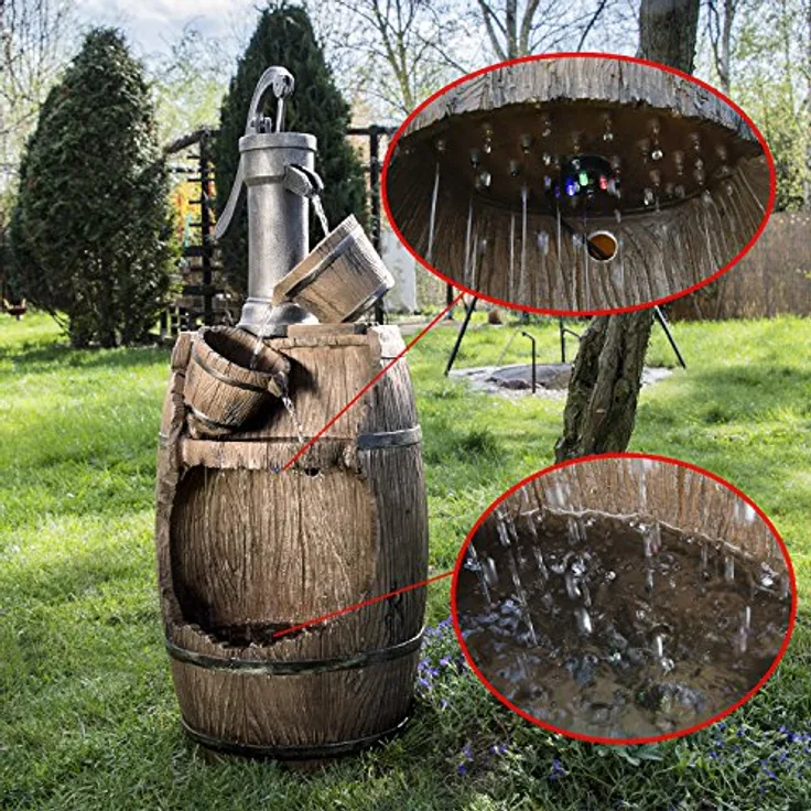 Köhko® Dölitz 13014 Gartenbrunnen mit Regenfalleffekt, Wasserspiel aus Kunststein mit LED-Beleuchtung, 33 x 33 x 85 cm