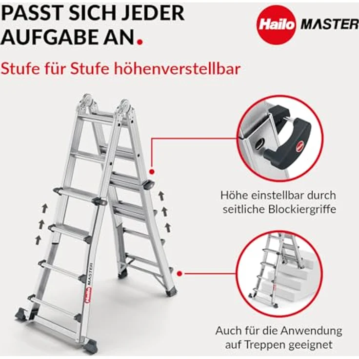 Hailo Master M100 Alu-Multifunktionsleiter, 4x5 Stufen bis 150 kg, Silber, vielseitig einsetzbar und ergonomische Stufen – Bild 3