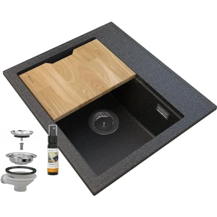Granitan SALIX Küchenspüle aus Granit - Unterbauspüle mit manuellem Siphon, Platzsparend und hochwertig - inkl. Spülenabdichtung und Holz Küchenbrett – Bild 1